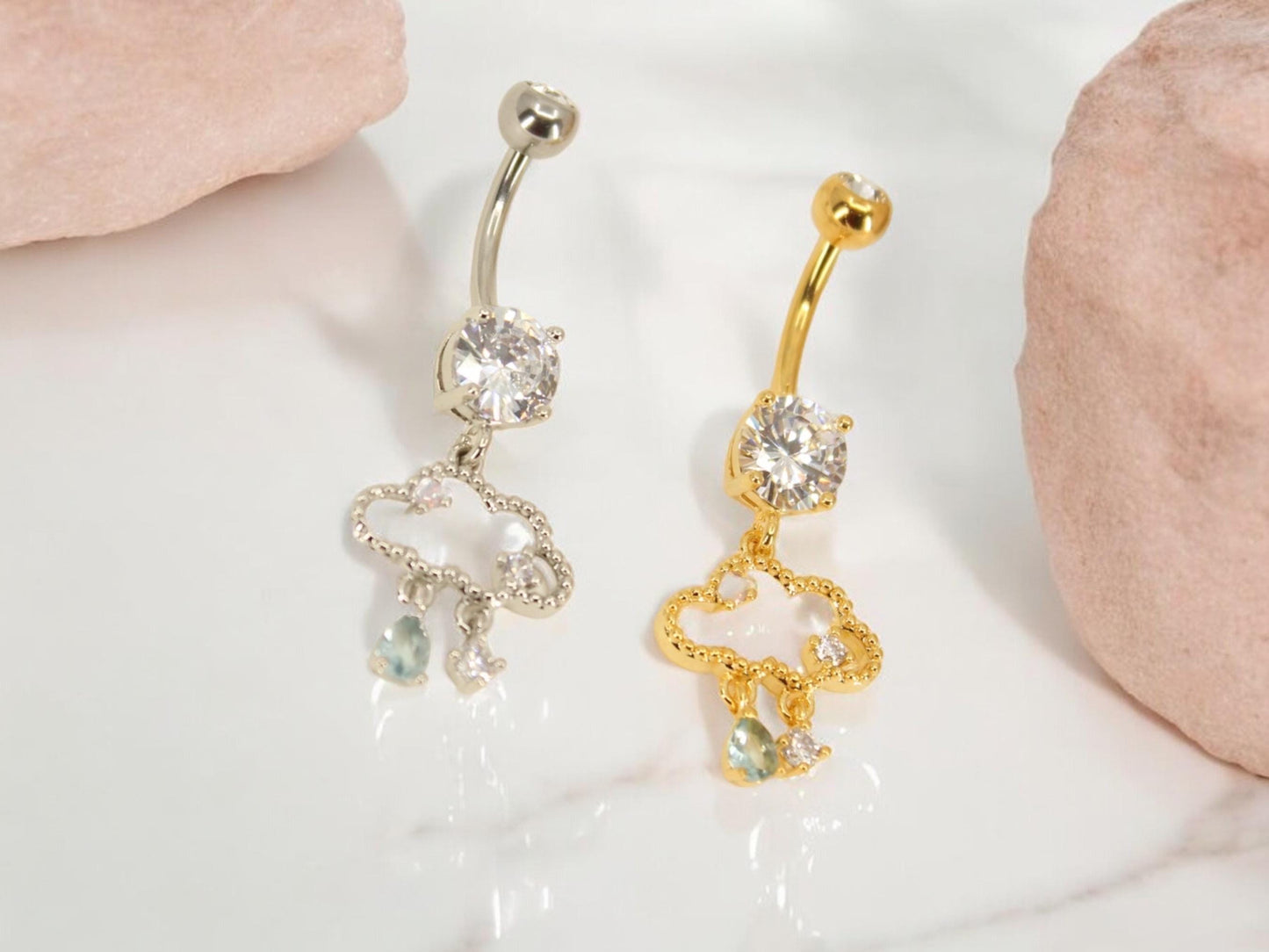 14g Dangling Belly Ring, Gold Silver Raining Cloud Dangle Belly Button Ring, Navel Piercing, Body Jewelry, Belly Ring Piercing Jewelry