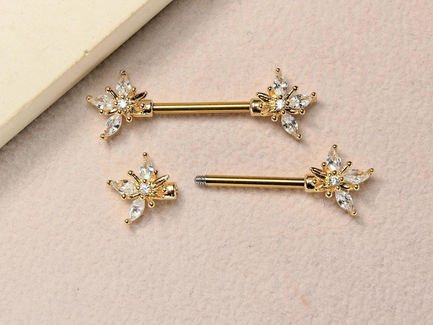 14G Gold Marquise Leaf Nipple Barbell, Pair of Floral Petal End Clear Gem Gold Nipple Piercing Jewelry, Body Piercing Jewelry,