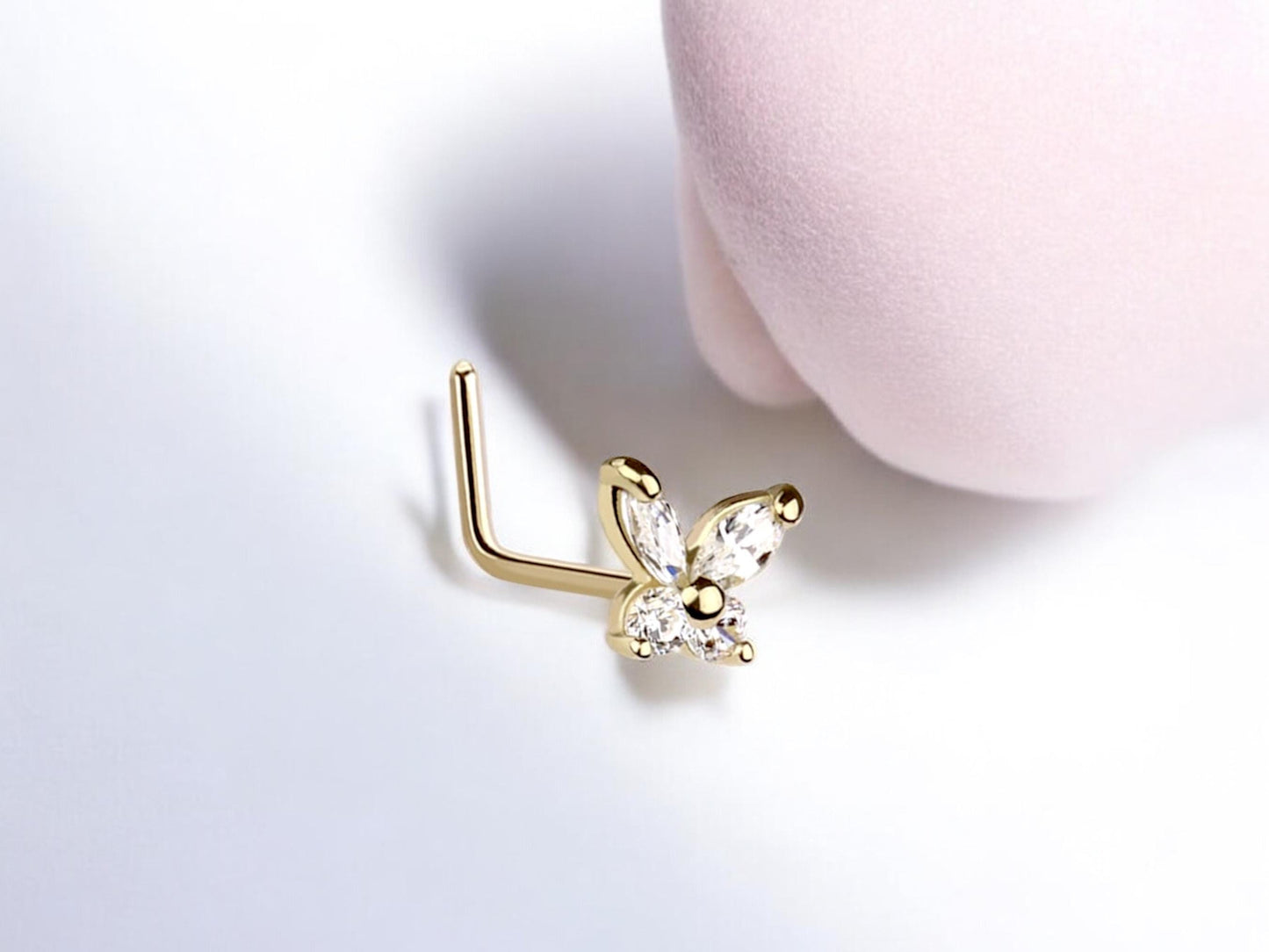 14K Gold Butterfly Nose Stud, 20g Dainty Crystal Butterfly L Shape Nose Stud, Gold Nose Jewelry, Minimalist Nose Piercing Ring Jewelry