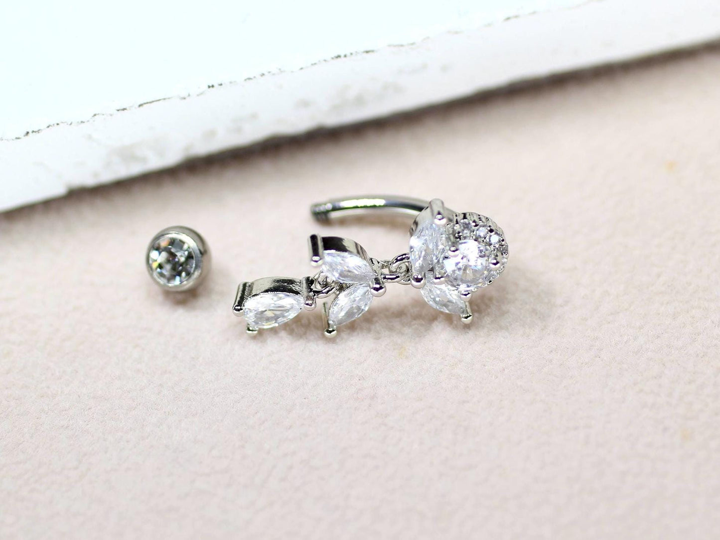 Implant Grade Titanium Belly Button Ring,14g Silver Floral Top Down Inverted Belly Ring,Dangling Navel Piercing, Hypoallergenic Body Jewelry