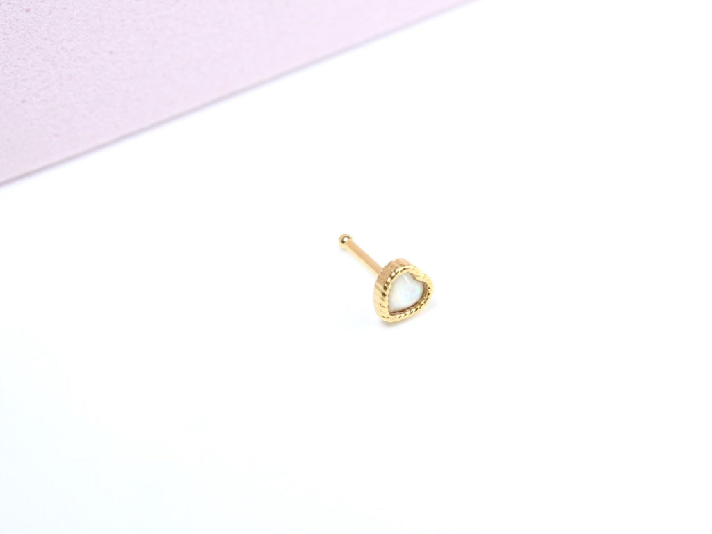 20g Heart Nose Stud, Dainty White Opal Glitter Nose Bone Stud,Ball End Nose Piercing,Thin Nose Stud, Gold Nose Ring, Hypoallergenic Jewelry