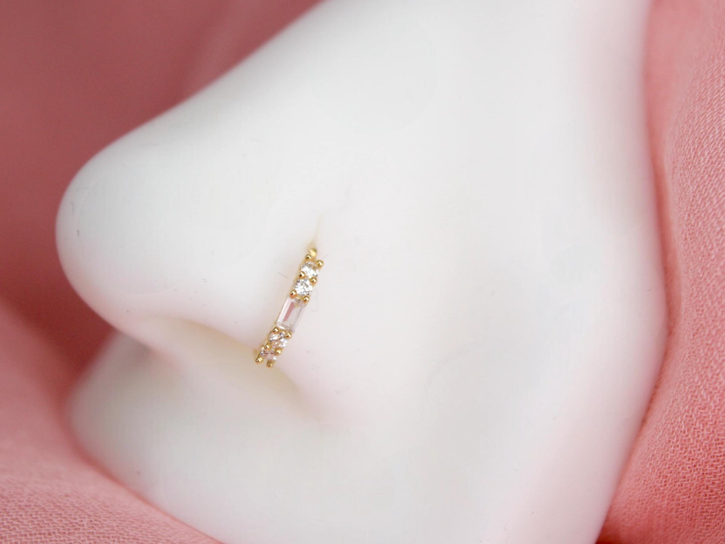 14K Gold Baguette Nose Ring, 20g Dainty Crystal Gold Nose Hoop Ring Jewelry, Minimalist Bendable Nose Piercing Jewelry, Gold Jewelry