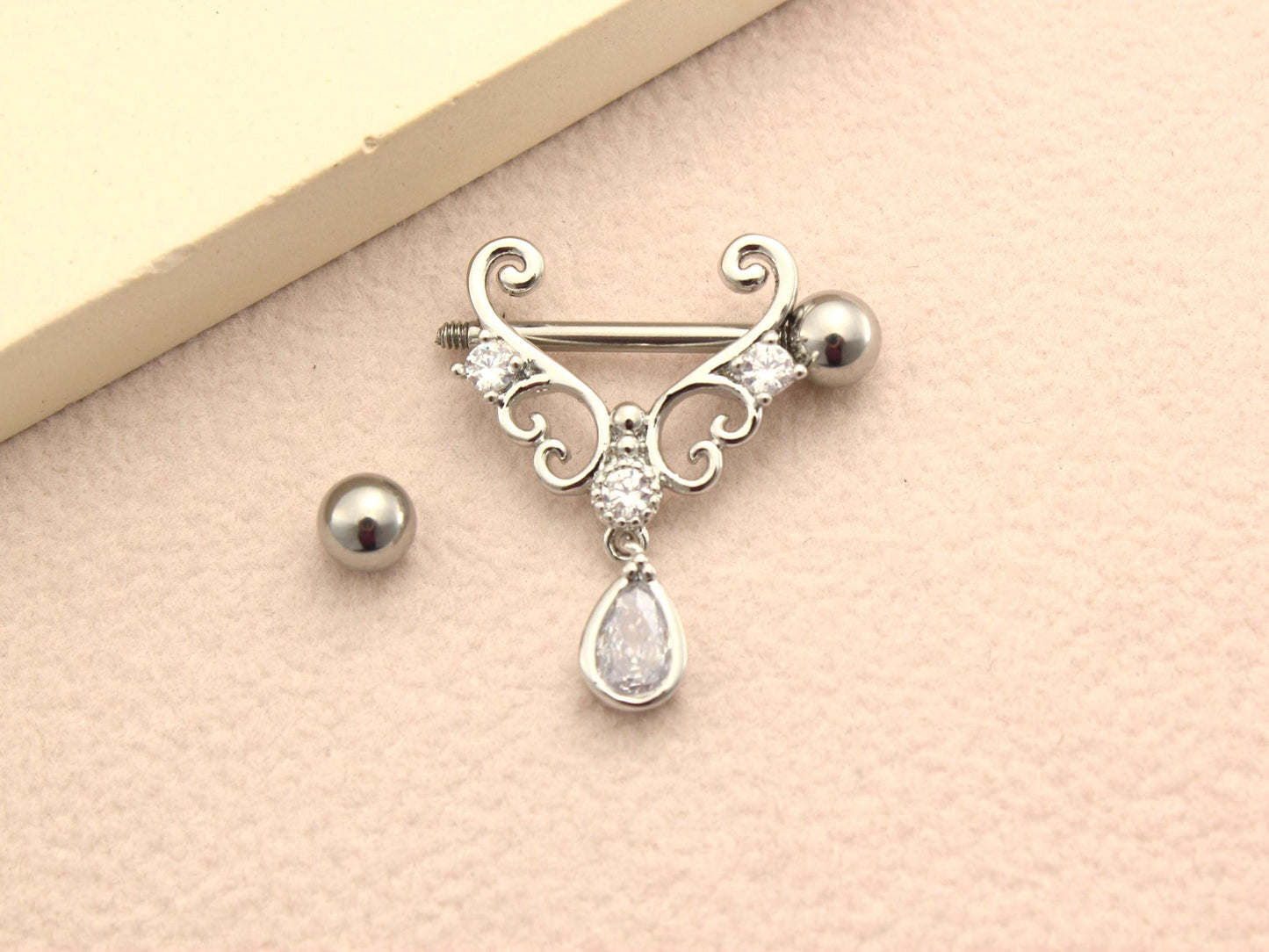 14g Nipple Barbell Piercing , Dangling Teardrop Heart Nipple Ring, Filigree Nipple Piercing, Minimalist Body Jewelry