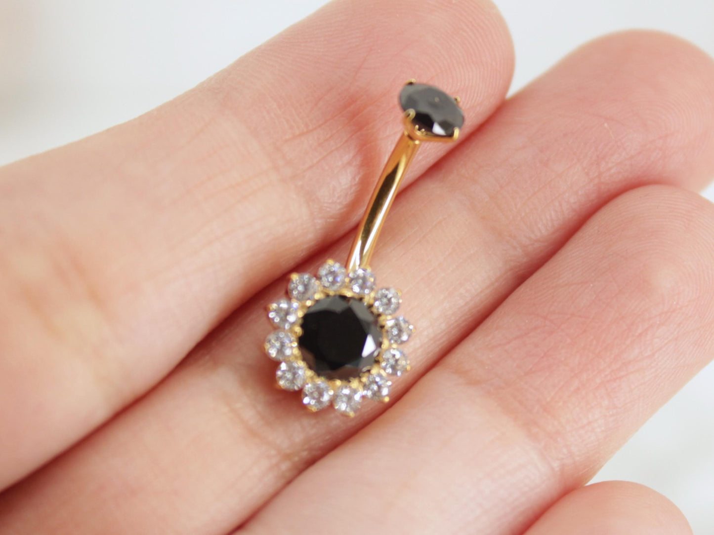 Black Dainty Floral Belly Button Ring, 14g Titanium Black Gold Crystal Gemstone Belly Button Ring Piercing Jewelry, Navel Piercing.
