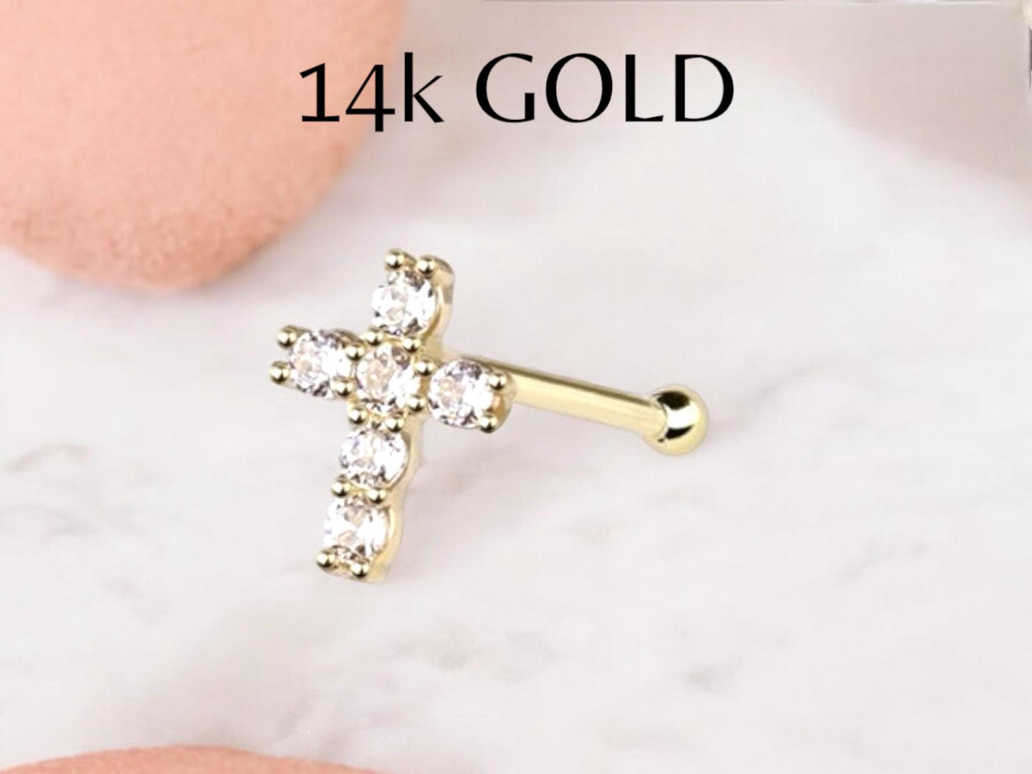 14K Gold Cross Nose Stud, Sparkle Gem Cross Decor Top Nose Bone Stud, Nose Piercing Stud Jewelry, 20g Gold Nose Stud