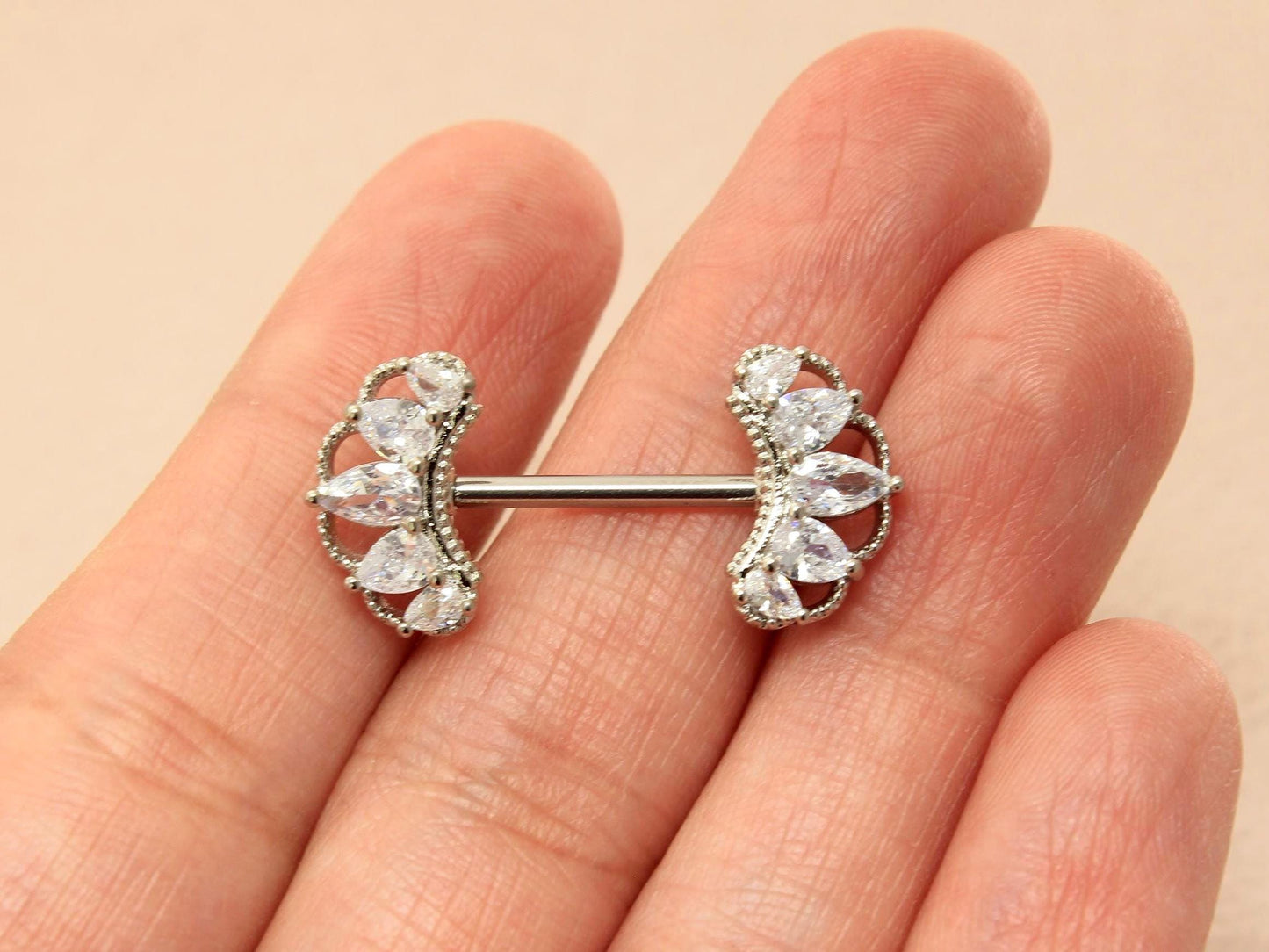 14g Nipple Barbell Piercing, Silver Floral Nipple Ring, Minimalist Body Jewelry