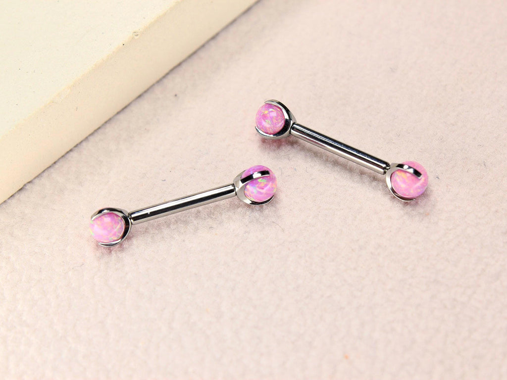 14G Titanium Nipple Barbell, Pink Opal Ball End Nipple Ring Piercing, Pair of Nipple Sheild Body Jewelry, Minimalist Nipple Piercing Jewelry