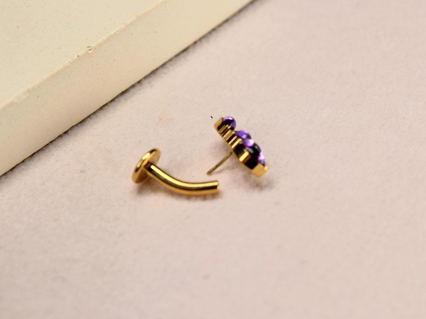 14G Titanium Belly Button Ring, Purple Stone Lotus Floral Threadless Push In Belly Ring Piercing, Floating Navel Ring Jewelry
