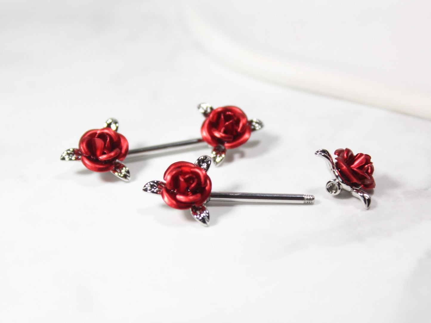 14G Red Rose Nipple Barbell – Pair of Floral Rose Nipple Rings, Surgical Steel Nipple Piercing Jewelry.