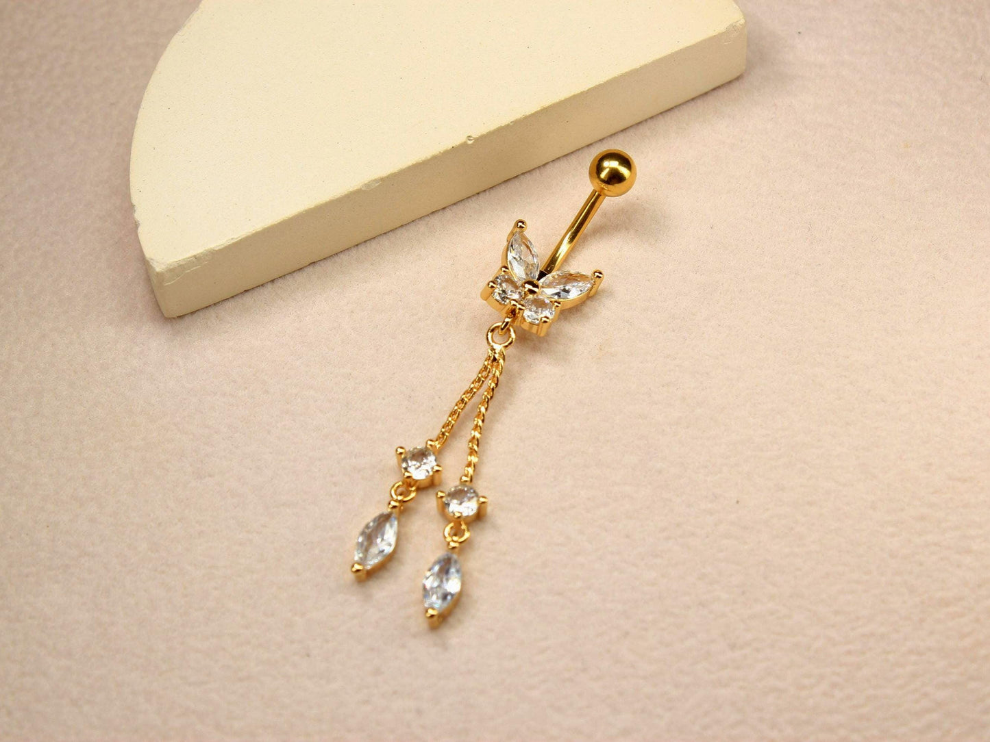Gold Butterfly Dangling Belly Button Ring – 14G CZ Chain Navel Piercing Jewelry