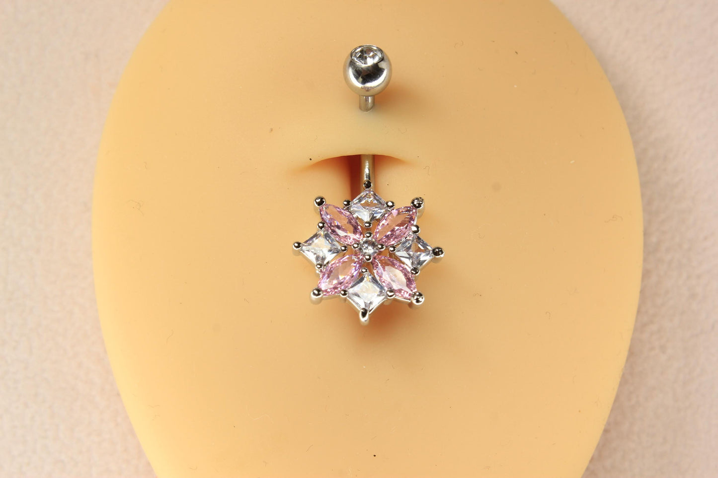 14G Floral Belly Ring, Dainty Pink Sparkling Clear Gem Belly Piercing, Navel Piercing Body Jewelry, Floating Navel Ring