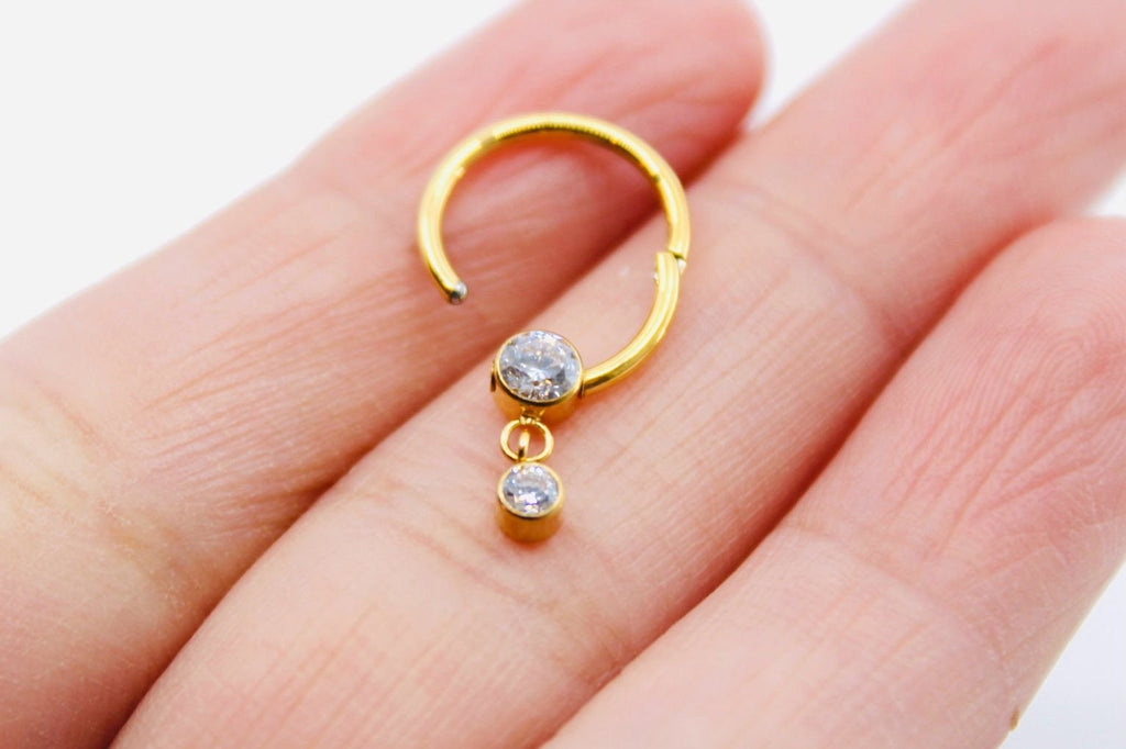 16g Gold Titanium Septum Piercing Clicker Hoop Ring, Dangle Sparkle Gem Decor Septum Ring Hoop, Titanium Septum Jewelry, Nose Jewelry