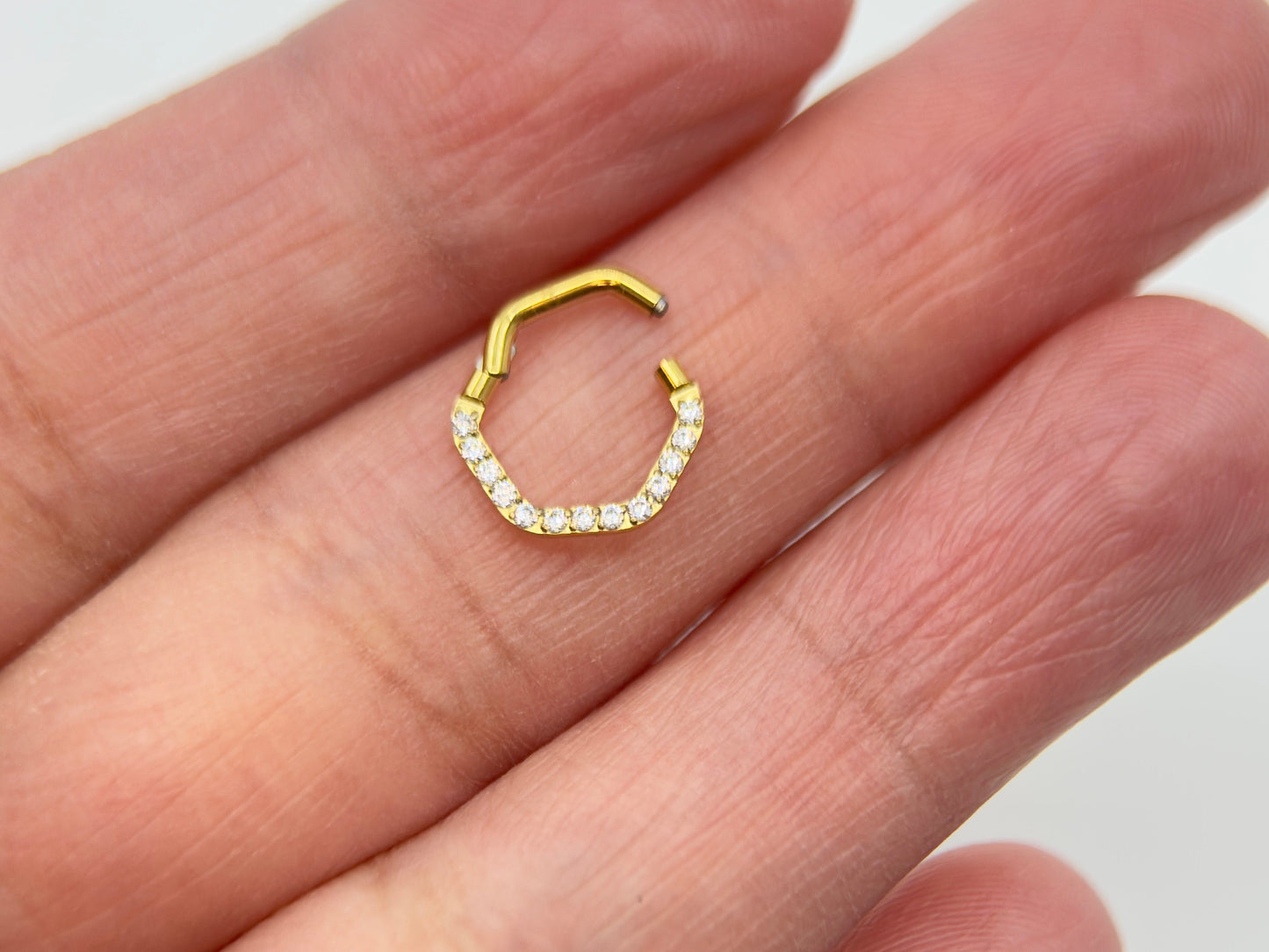 16g Gold Hexagon Septum Ring with CZ Crystals, Elegant Gold Nose Ring, Dainty Hinged Septum Clicker, Hypoallergenic Nose Piercing Jewelry