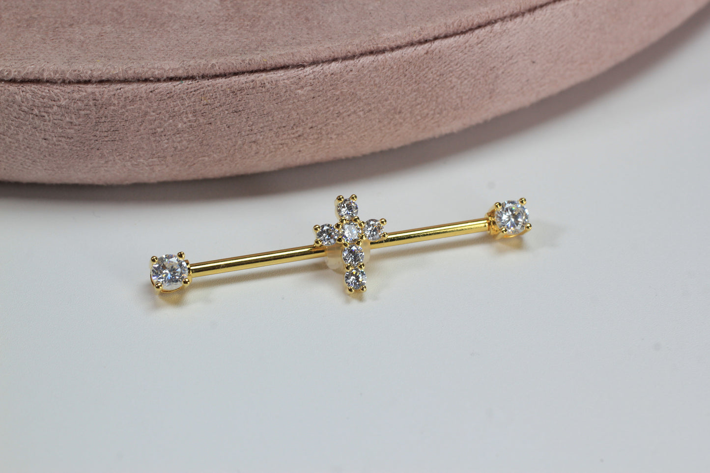 14G Cross Industrial Barbell, Dainty Sparkling Gold Jesus Cross Industrial Barbell Piercing, 35mm Barbell Body Jewelry.