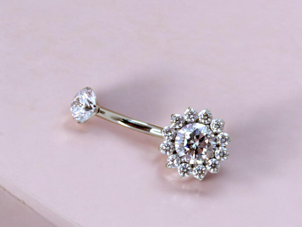 NEW • 14G Titanium Silver Belly Button Ring, Clear Sparkle Gem Floral Decor Belly Button Ring Piercing Jewelry, Navel Piercing Ring
