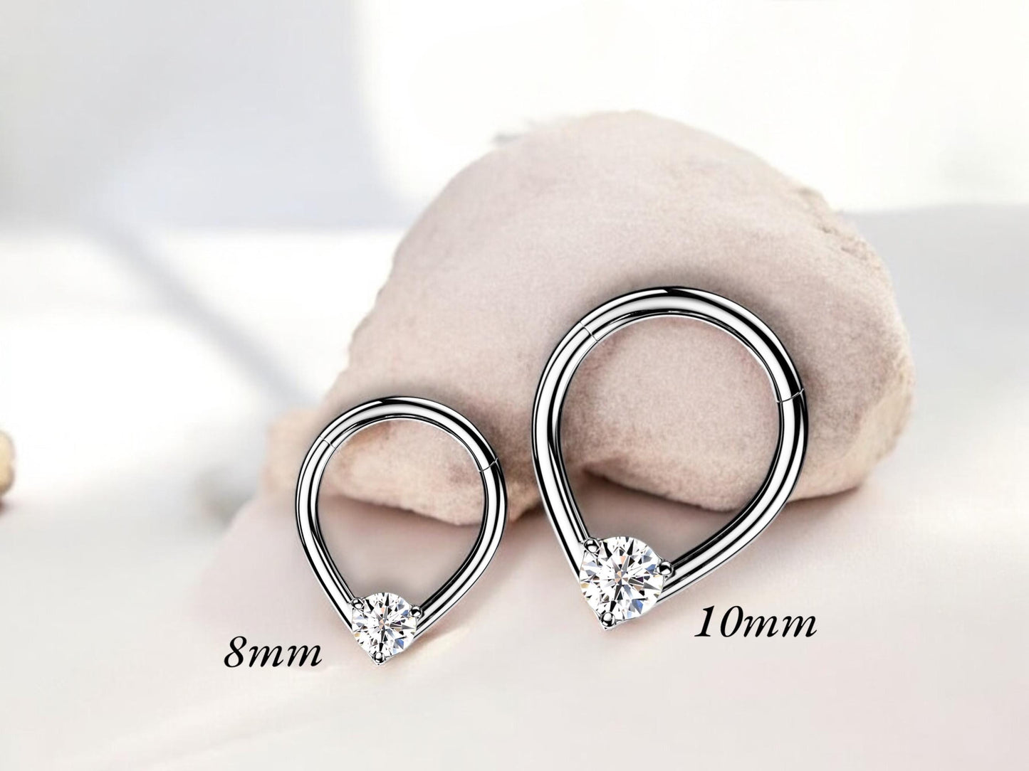 16g Silver Septum Clicker Ring, Teardrop Front CZ Hinged Segment Hoop Ring, Dainty Septum Hoop Jewelry, Nose Piercing, Body Jewelry.