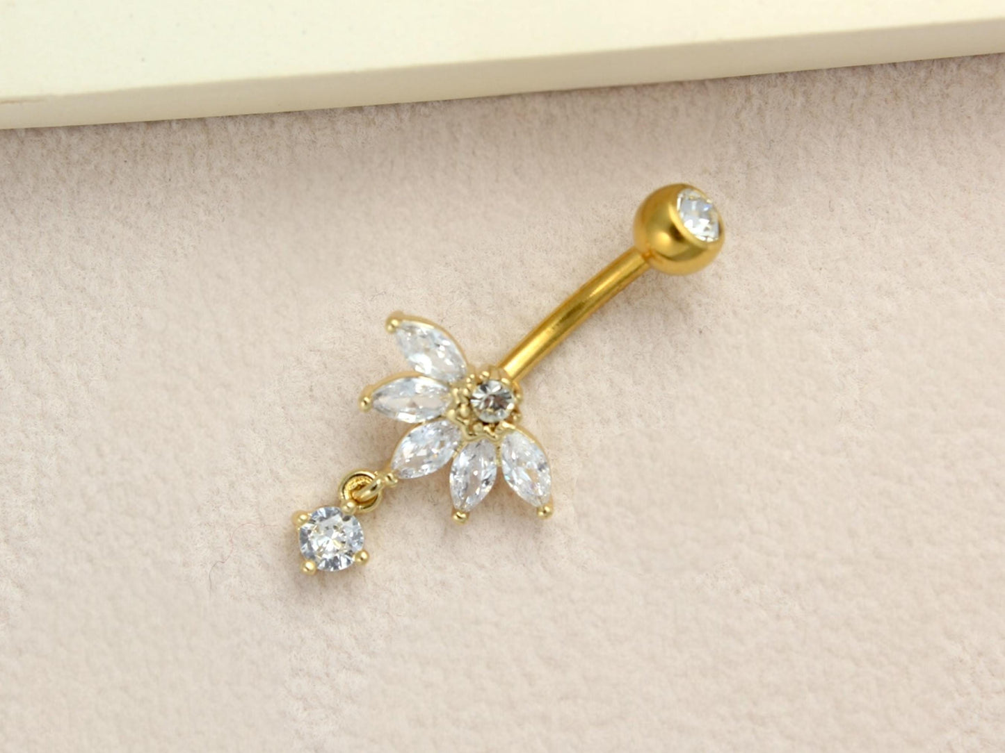 Gold Floral CZ Dangling Belly Button Ring