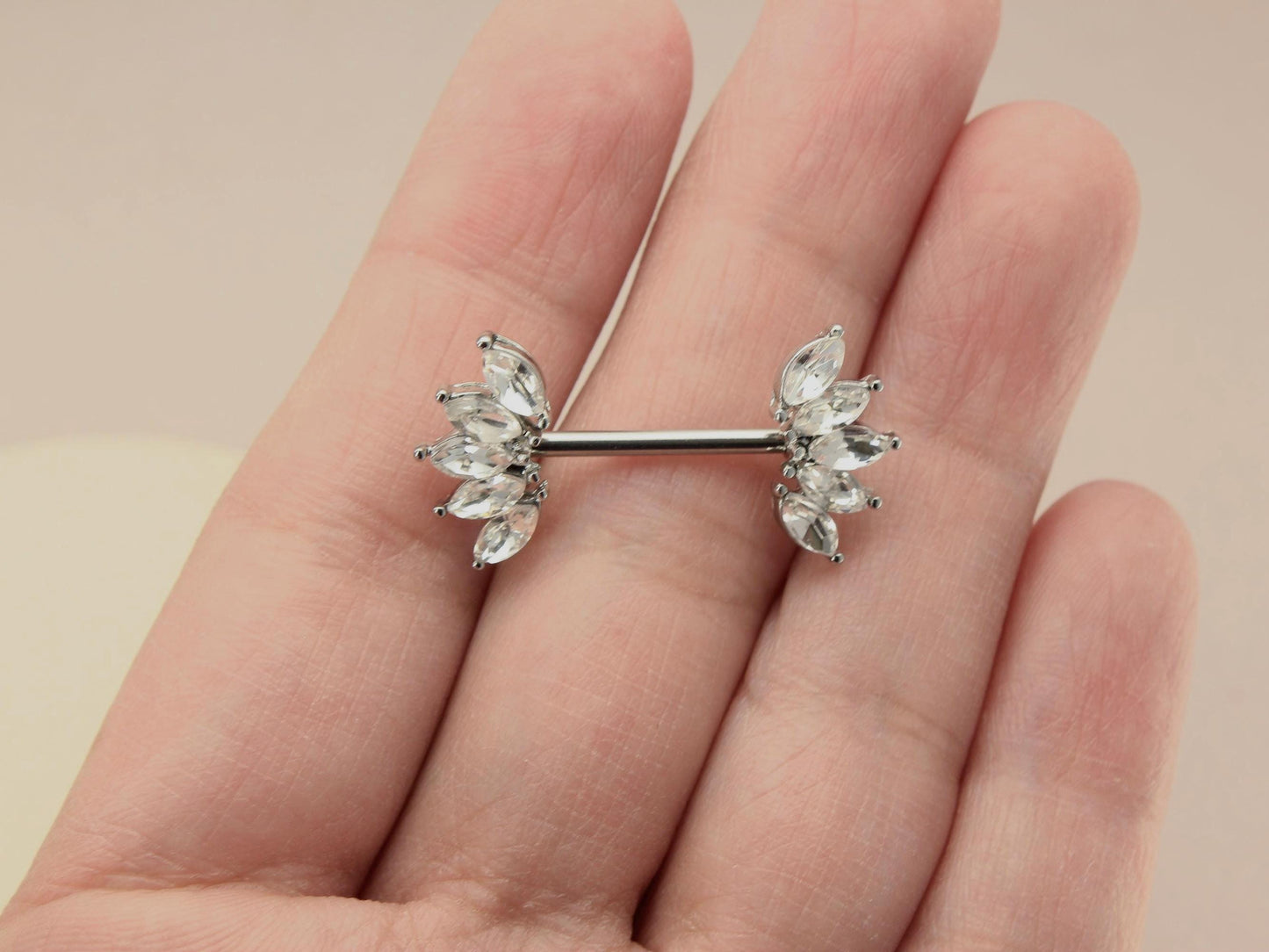 Silver Nipple Barbell Piercing, 14g Sparkling Gem Petal End Nipple Ring Jewelry, Floral Nipple Ring Body Jewelry