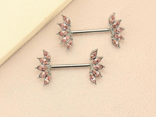 Pink Marquise Nipple Barbell, 14G Floral Petal Leaf Nipple Ring Jewelry, Pair of Leaf Nipple Piercing Jewelry, Body Piercing Jewelry