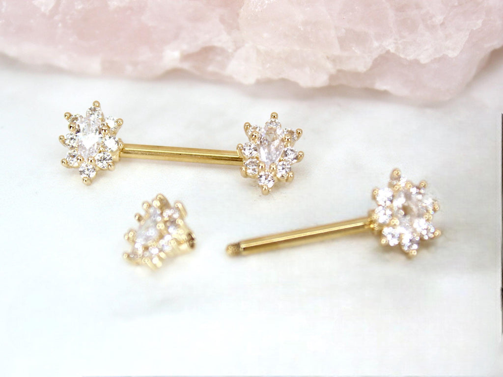 Oval Gem Nipple Ring, Floral Sparkle Gem Nipple Piercing Jewelry Cluster Decor Lightweight Nipple Barbell Ring Body Piercing Jewelry