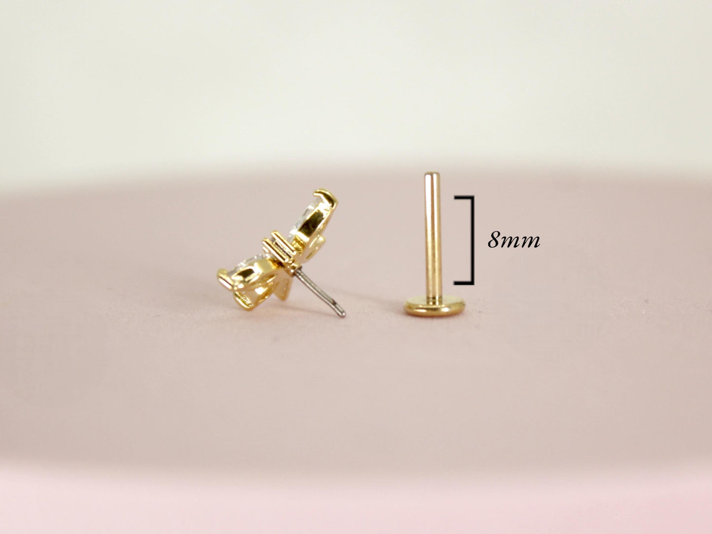 18G Dainty Dragonfly Push In Labret,Titanium Flat Back Stud, Gold Dragonfly Threadless Cartilage, Conch, Tragus Push in Stud.