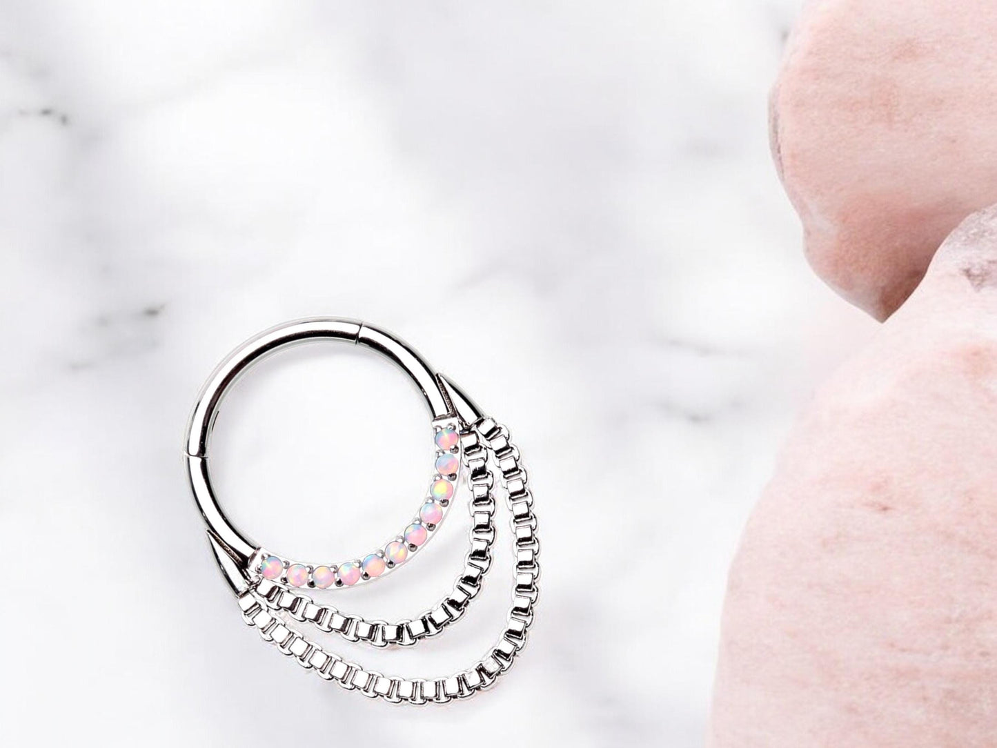 16g Dangling Chain Septum Clicker Ring, Silver Double Chain Sparkling Septum Hoop Ring, Septum nose jewelry, Nose Piercing body Jewelry