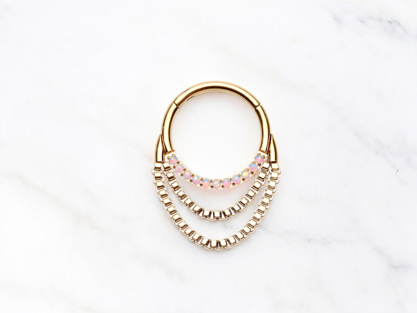 16G Gold Dangling Chain Septum Clicker Ring. Double Chain Opal Septum Hoop Ring. Septum Nose Jewelry, Septum Piercing Ring