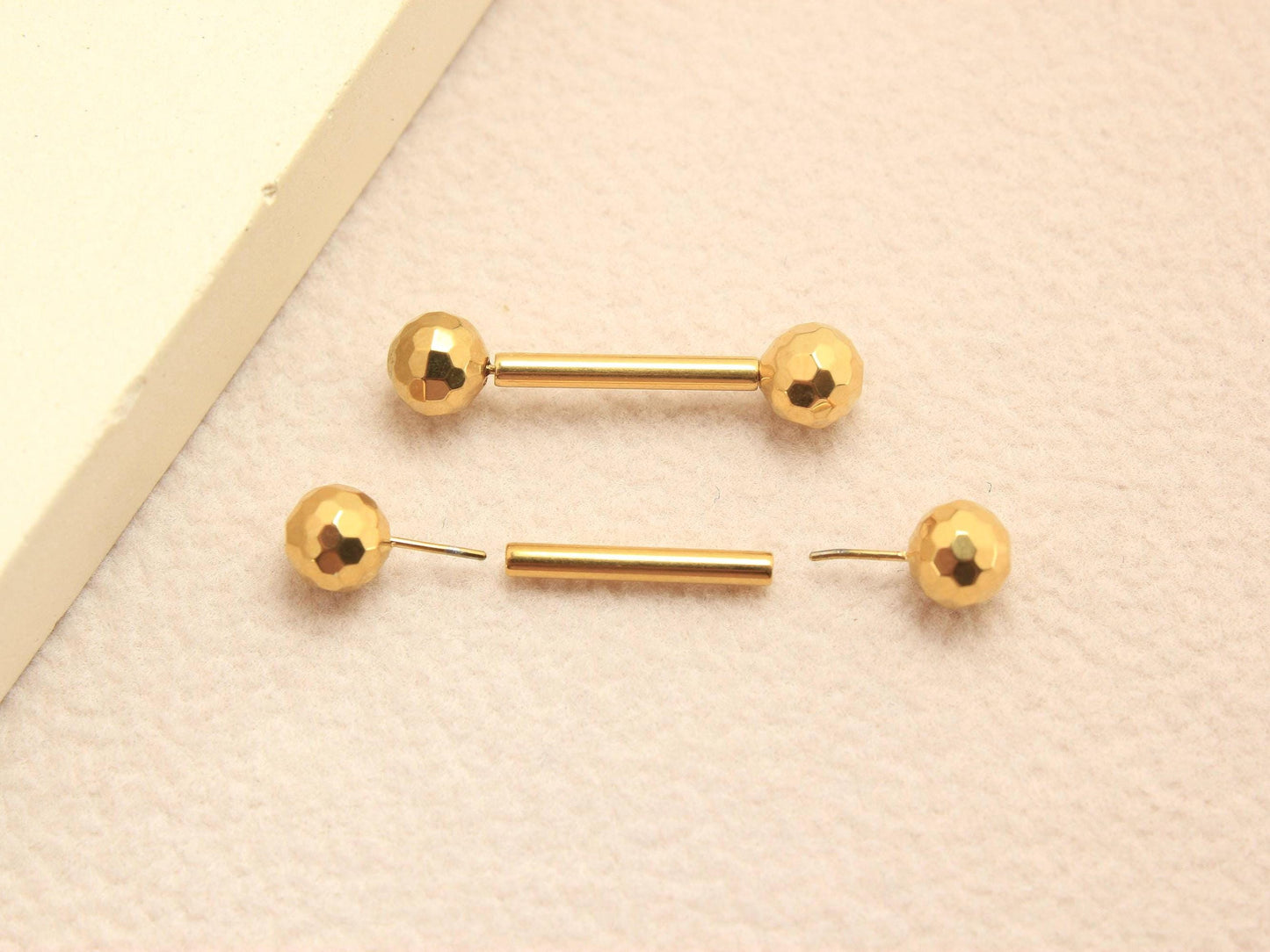 Implant Grade Titanium Gold Disco Ball Nipple Barbell, Pair of Threadless Push In Nipple Ring Jewelry