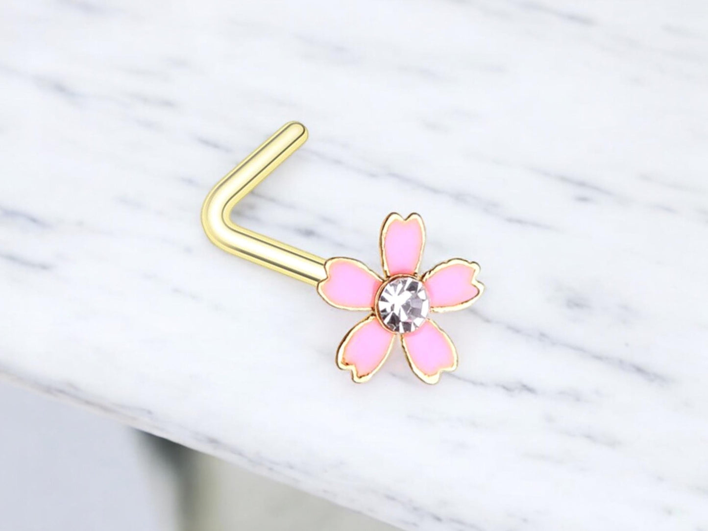 Dainty Flower Nose Stud,  Pink Floral Decor Nose Ring Piercing Jewelry, L shape Nose Piercing Ring, 20g Thin Nose Stud Jewelry