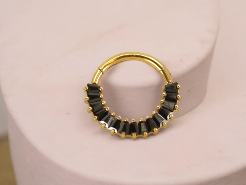 Titanium Black Septum Clicker Ring, Black Marquise Front Facing Gem Hinged Segment Septum Ring, 16g Septum Piercing Jewelry, Nose Jewelry