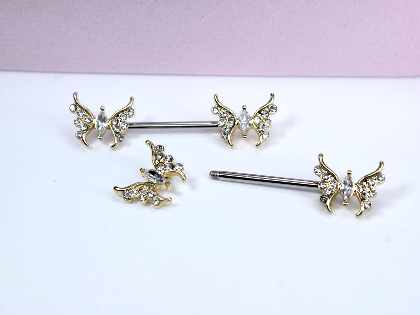 14G Gold Butterfly Nipple Barbell Jewelry, Pair of Sparkling Butterfly Nipple Ring Piercing, Nipple Piercing Jewelry, Customized Nipple Ring