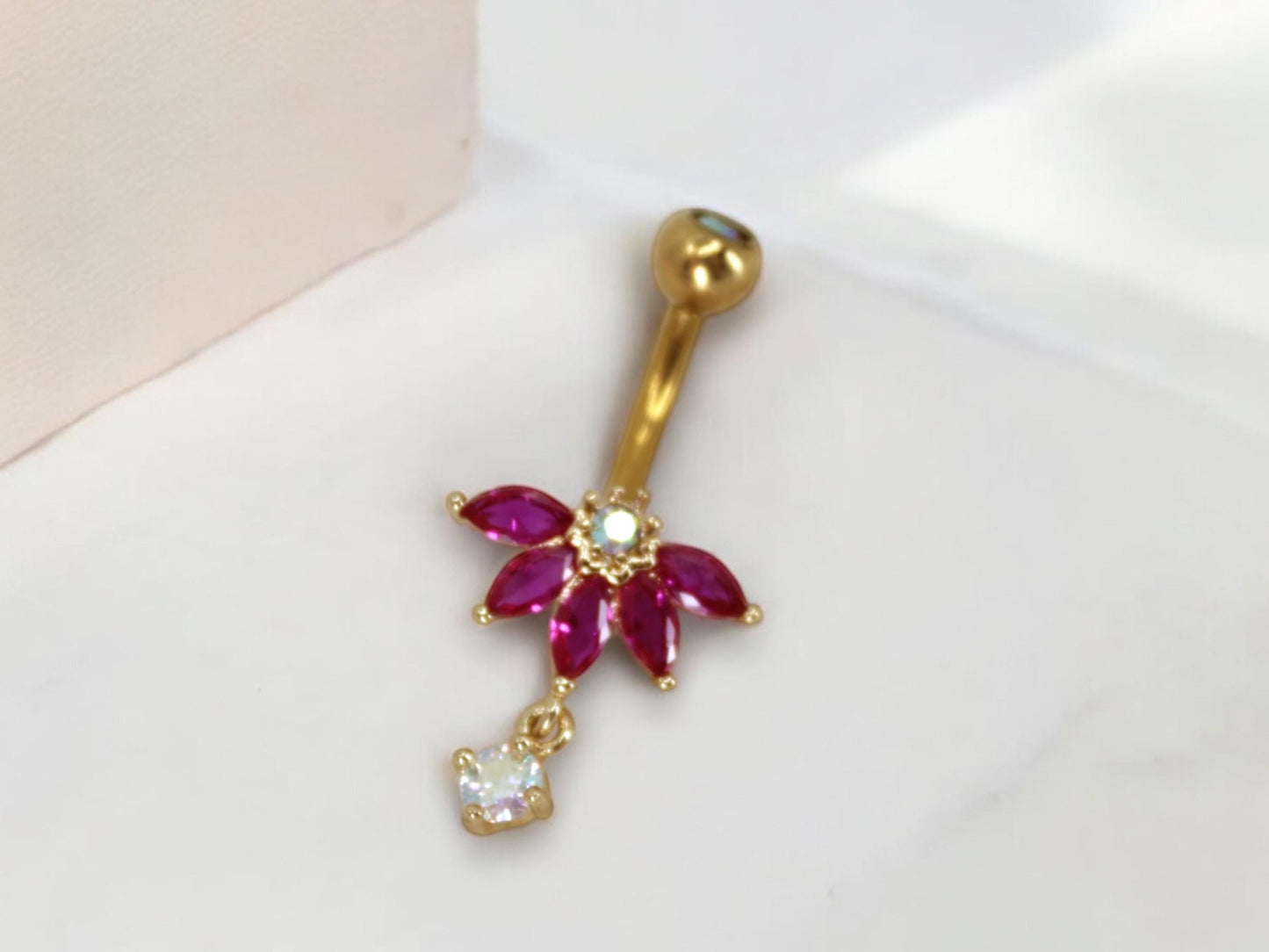 New • Floral Dangling Belly Button Ring, 14g Dainty Petal Decor Pink Marquise Gemstone Belly Ring Piercing Jewelry, Gold Navel Piercing