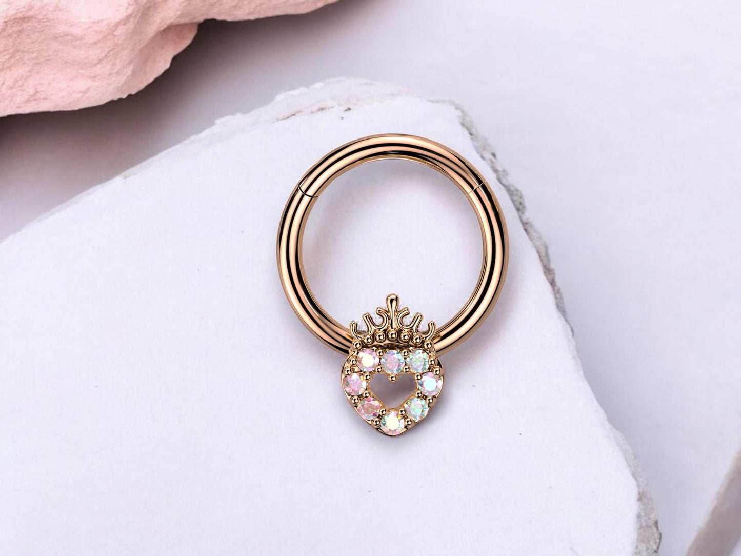 16g RoseGold Heart Septum Clicker Ring Hoop. Dainty Pink Sparkling Gems Crown Heart Front Facing Septum Piercing Ring Jewelry, Nose Jewelry