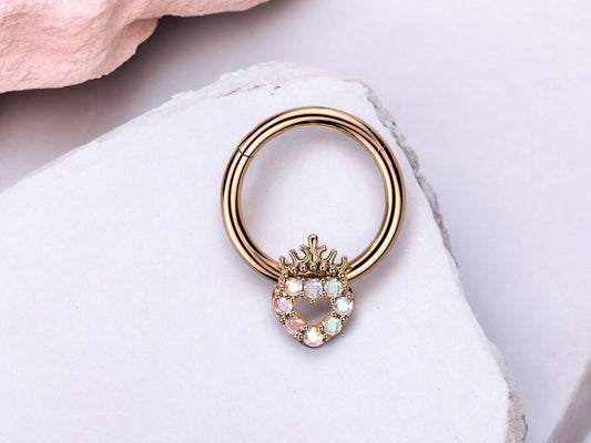 16g RoseGold Heart Septum Clicker Ring Hoop. Dainty Pink Sparkling Gems Crown Heart Front Facing Septum Piercing Ring Jewelry, Nose Jewelry