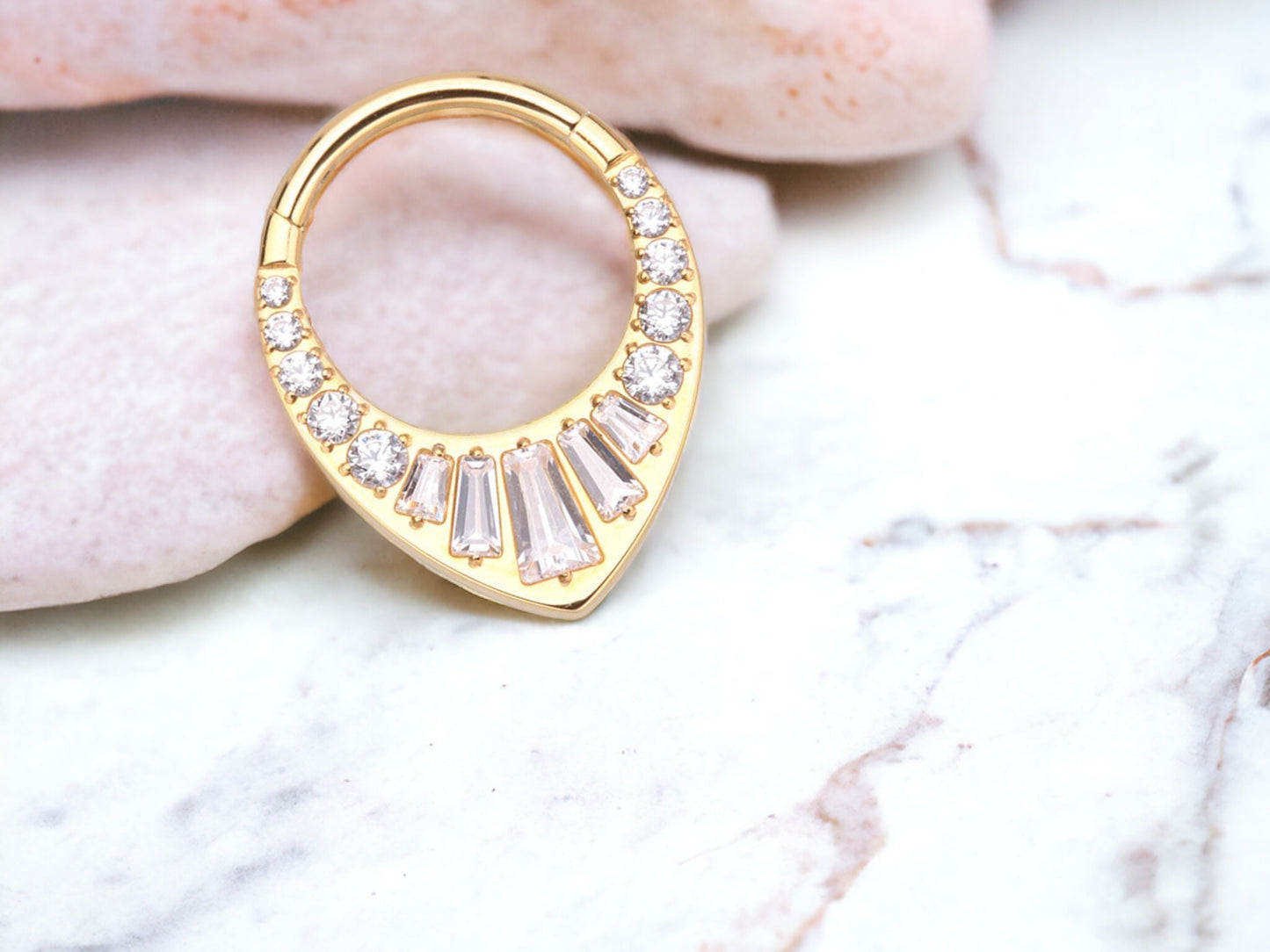 16g Gold Titanium Multi-Gems Septum Clicker Hoop. CZ V shaped Septum Ring. Septum Clicker Hoop. Nose Piercing Body Jewelry