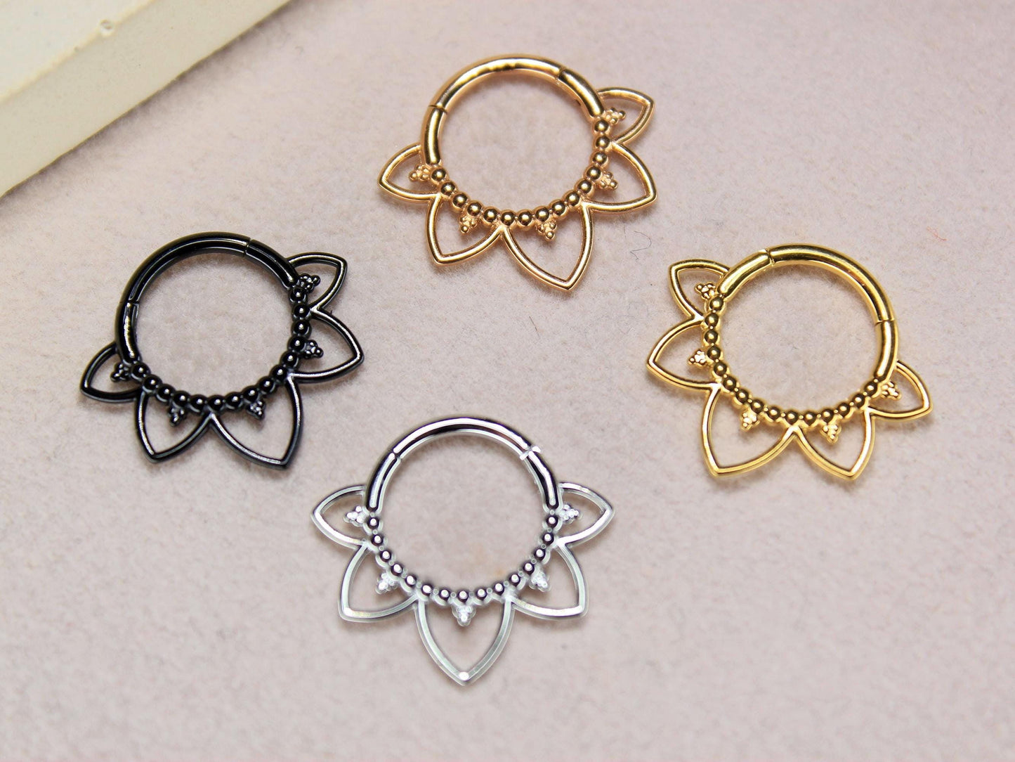 16g Titanium Lotus Septum Clicker Ring, 8mm 10mm Beaded Decor Floral Septum Nose Piercing, Gold Septum Hoop Ring Body Jewelry