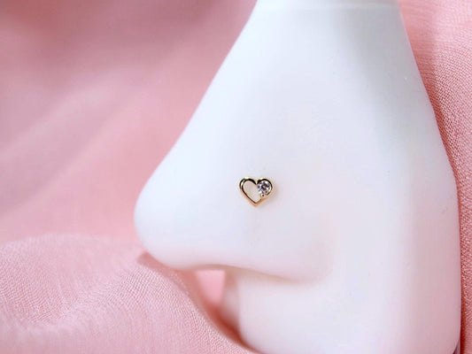 14K Gold Heart Nose Stud, 20g Dainty Crystal Heart L Shape Nose Stud, Gold Nose Jewelry, Minimalist Nose Piercing Ring Jewelry