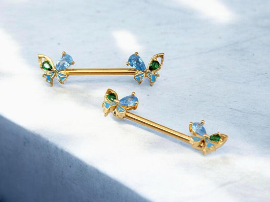 Dainty Butterfly Nipple Ring, Butterfly Nipple Piercing Barbell, 14g Gold Nipple Piercing Jewelry, Gold Nipple Ring Body Piercing Jewelry
