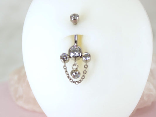 14g Titanium Dangling Chain Belly Button Ring, Dainty Crystal Gem Decor Dangle Chain Belly Button Piercing Jewelry, Navel Piercing Jewelry