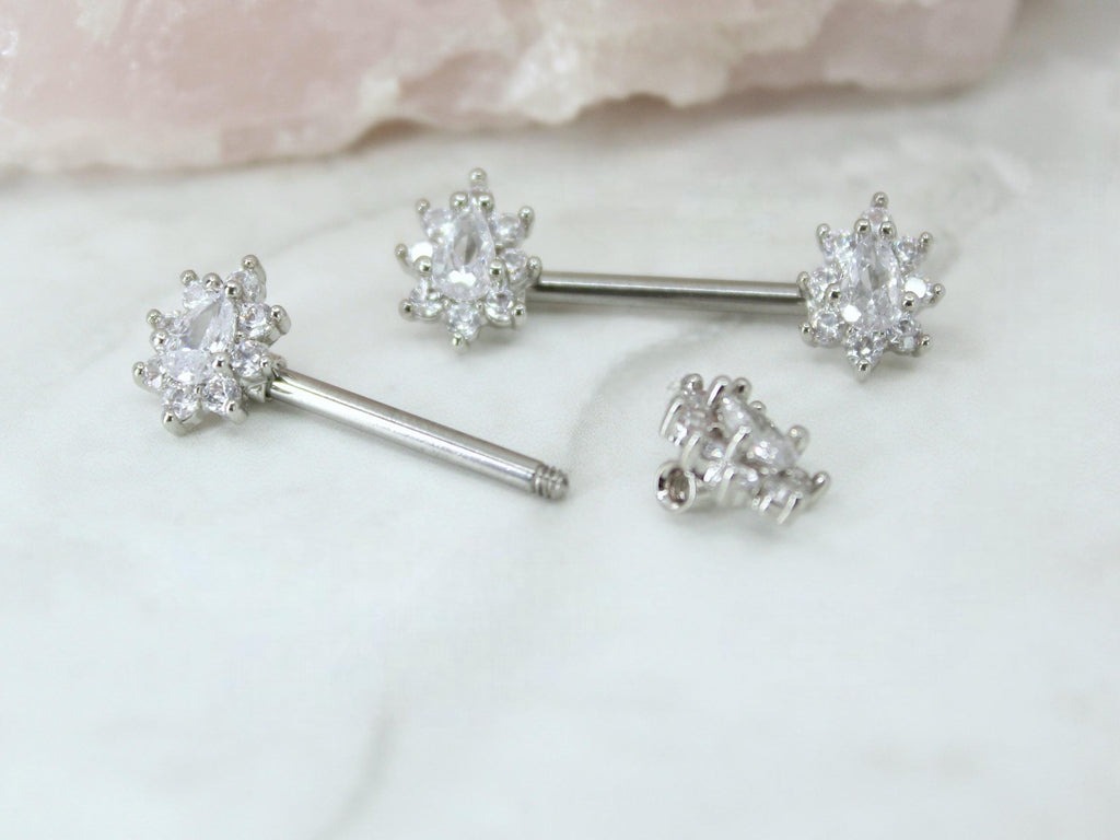 Oval Gem Nipple Ring, Floral Sparkle Gem Nipple Piercing Jewelry Cluster Decor Lightweight Nipple Barbell Ring Body Piercing Jewelry