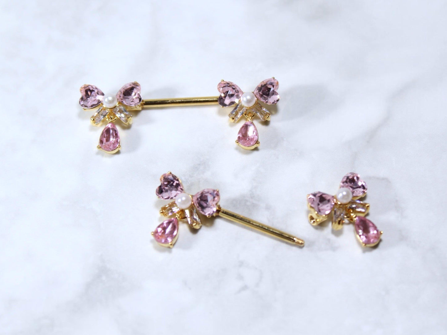 14G Pink Ribbon Bow-Tie Nipple Ring, Dainty Bow Dangling Nipple Piercing Jewelry, Personalized Body Jewelry, Waterproof Nipple Jewelry.