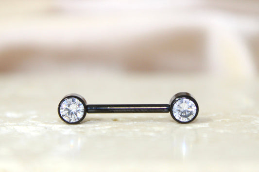 Internally Threaded Titanium Nipple Barbell, Bezel Set Flat Sparkle Gem Black Titanium Nipple Ring Jewelry