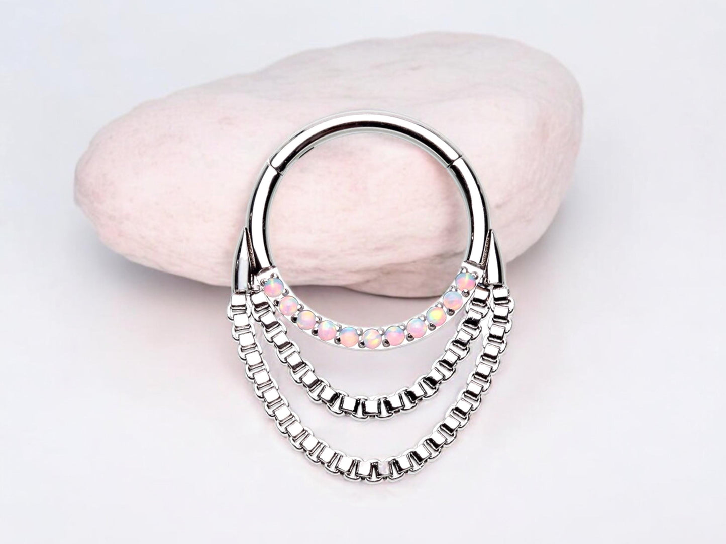 16g Dangling Chain Septum Clicker Ring, Silver Double Chain Sparkling Septum Hoop Ring, Septum nose jewelry, Nose Piercing body Jewelry