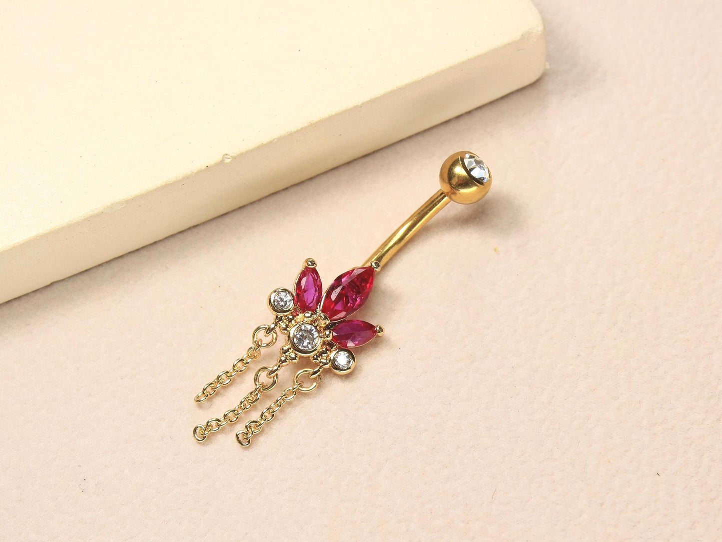 Floral Dangling Belly Button Ring, 14g Dainty Petal Chain Decor Pink Marquise Gemstone Belly Ring Piercing Jewelry, Gold Navel Piercing