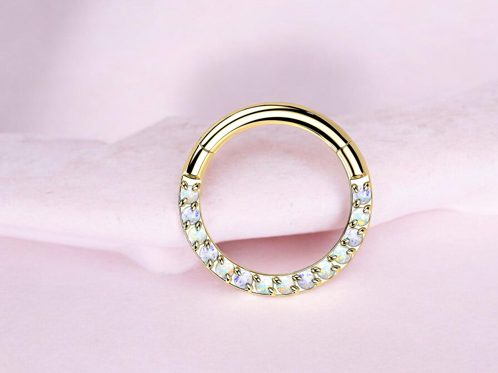 Titanium Septum Clicker Ring, 16g Dainty Gold Septum Hoop Ring, Opal Gem Hinged Segment Septum Piercing Jewelry, Nose Piercing Jewelry