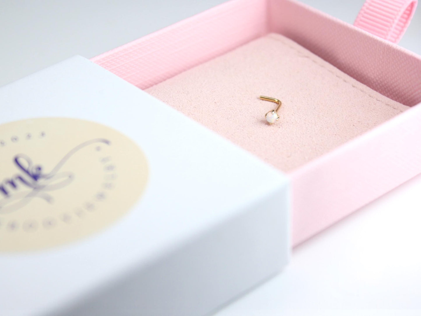 14K Gold Opal Nose Stud, White Opal L-Shaped Nose Ring, 20G Solid Gold Piercing Jewelry, Minimalist Dainty Nose Stud, Gold Body Jewelry