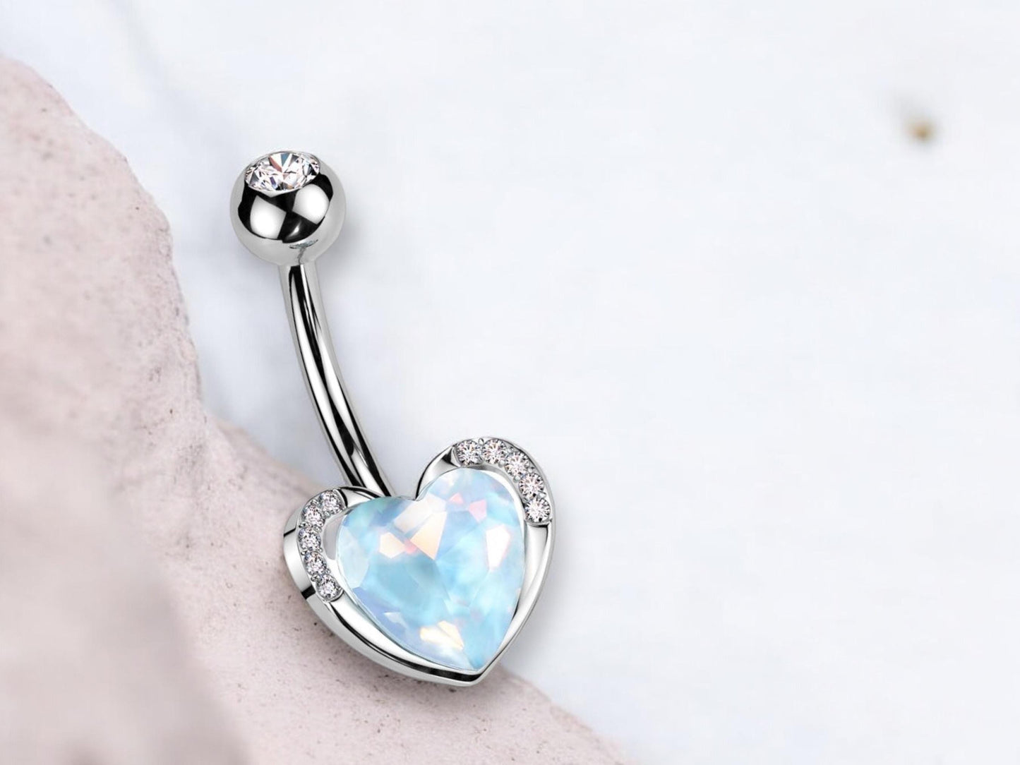 14g Heart Silver Belly Button Ring, Dainty Aqua Gem Heart Belly Ring, Cute Navel Piercing Jewelry