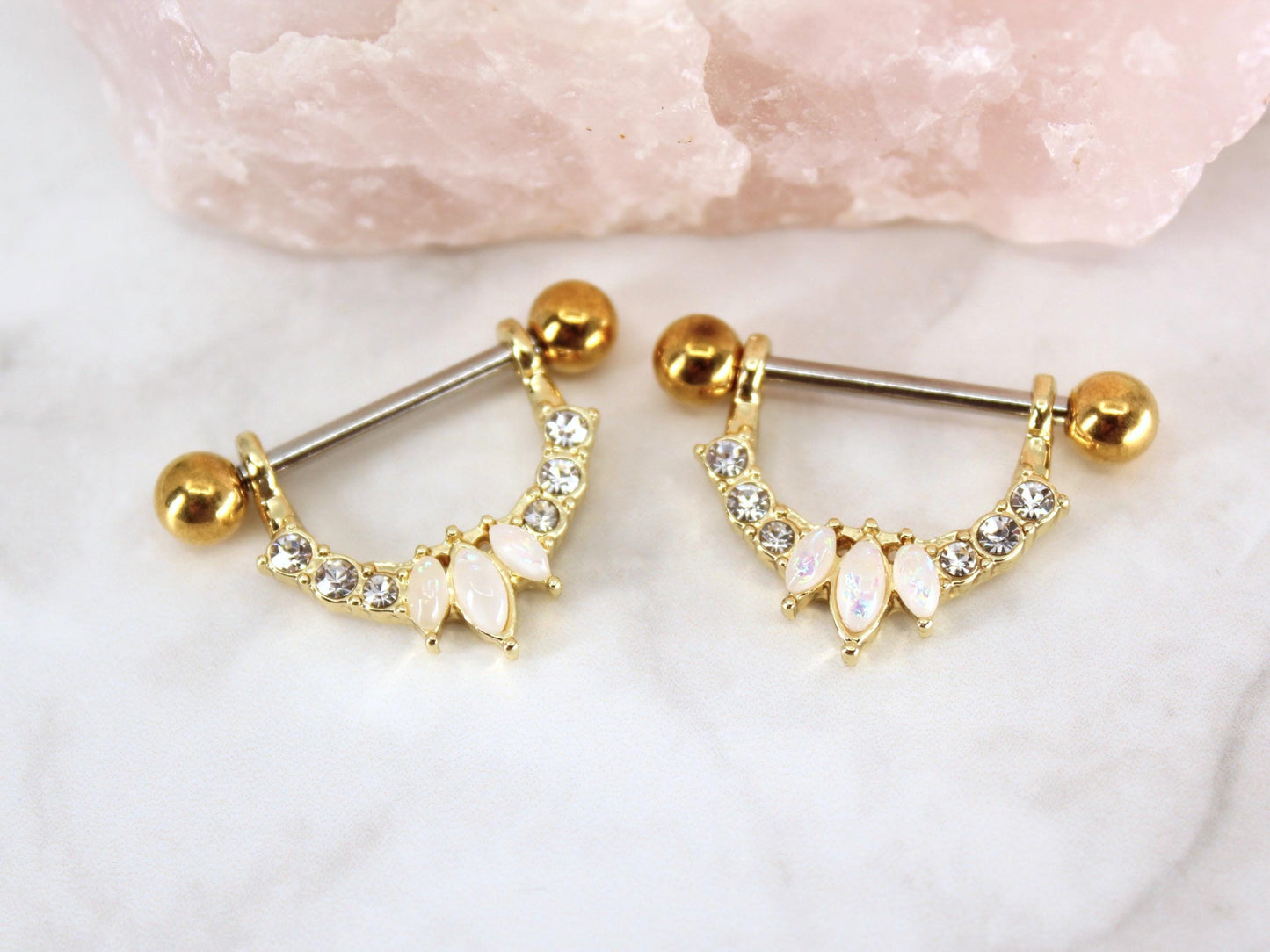 Opal Dangle Nipple Ring, Marquise Cut Opal Decorative Gem Nipple Piercing Jewelry, Gold Body Jewelry Piercing Nipple Ring Barbell