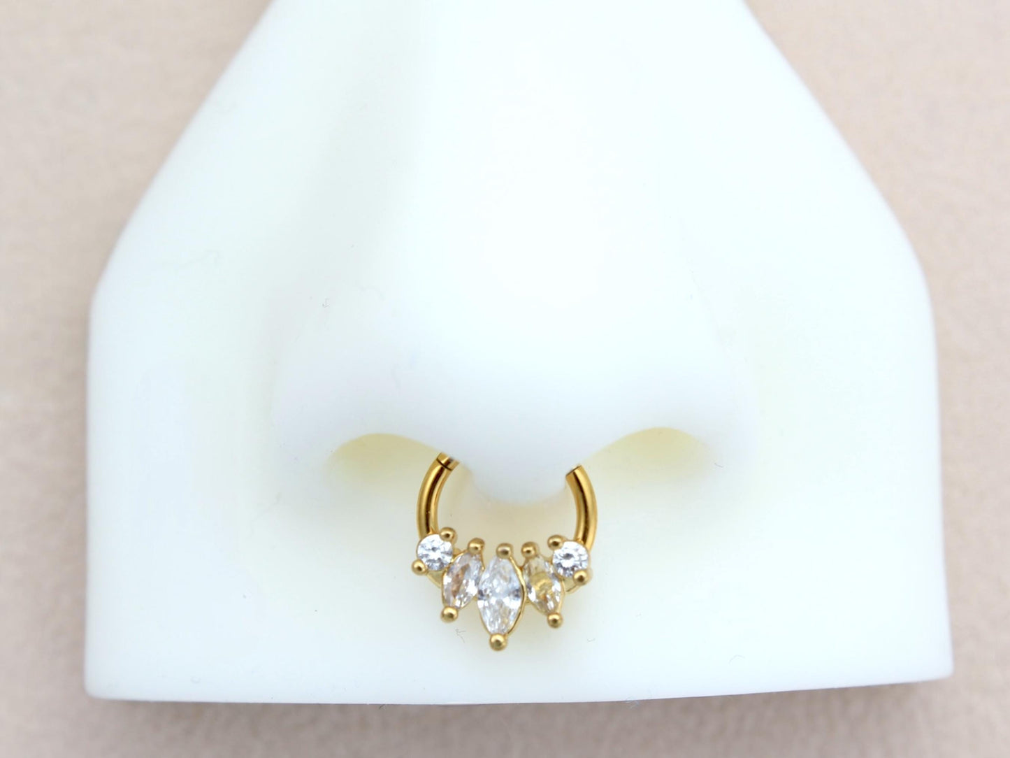 16G Gold Septum Clicker Ring, Dainty Gold Marquise Septum Hinged Hoop Ring, Gold Nose Piercing, Septum Piercing Jewelry