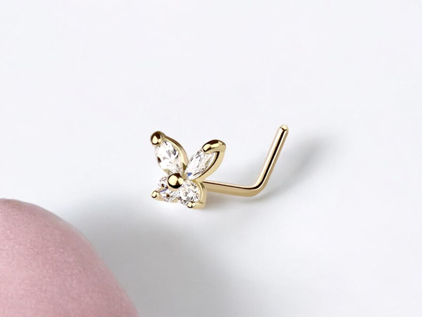 14K Gold Butterfly Nose Stud, 20g Dainty Crystal Butterfly L Shape Nose Stud, Gold Nose Jewelry, Minimalist Nose Piercing Ring Jewelry